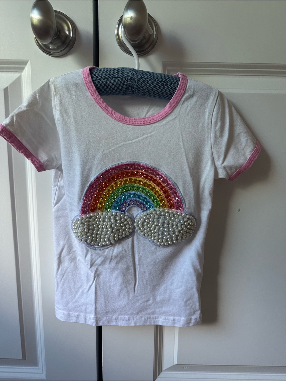 Lola and the Boys White Rainbow Sequin & Pearl Tee - Pink Trim